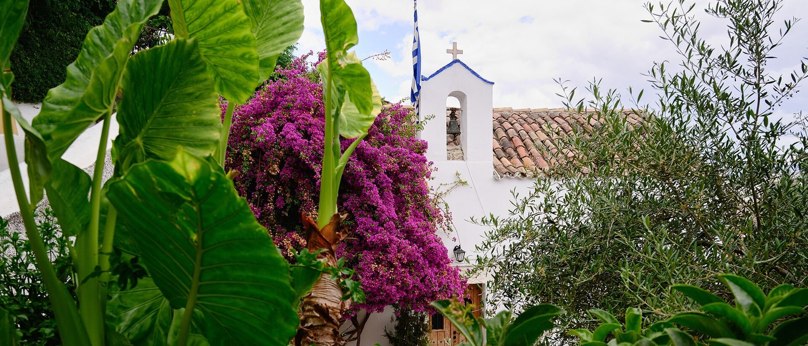 Una capilla blanca de Anafiotika entre buganvillas
