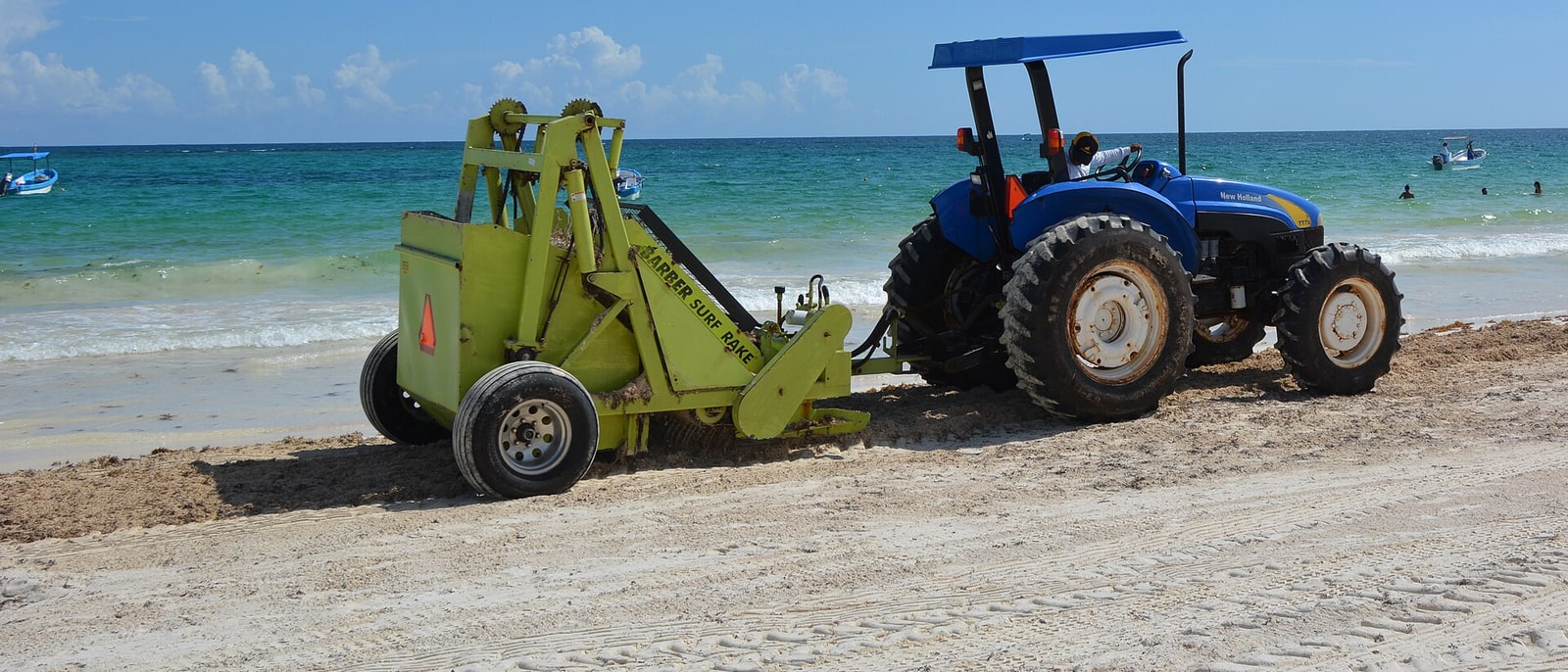 Una máquina retirando sargazo de la arena, en una playa del Caribe mexicano
