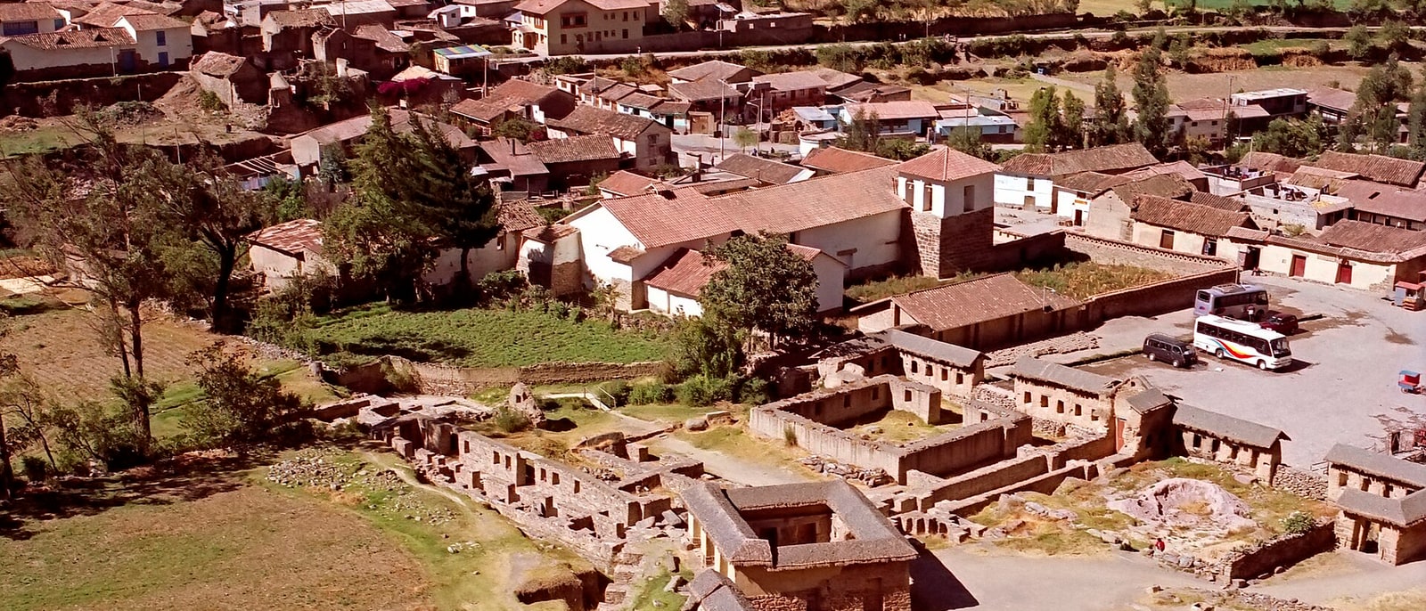 The village of Ollantaytambo seen from above, its tiled roofs