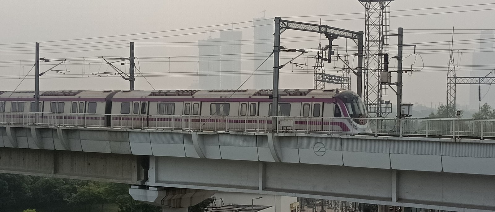 A Delhi metro train on the viaduct