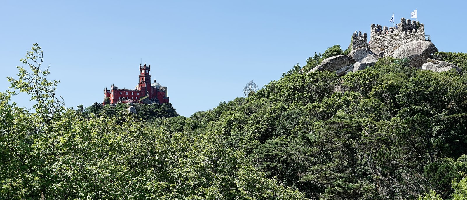 The Pena palace, red and yellow, rising above the woods of the Sintra hills