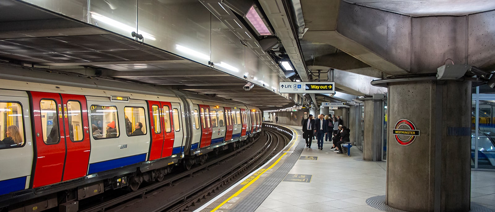 A London Underground train at the platform in Westminster