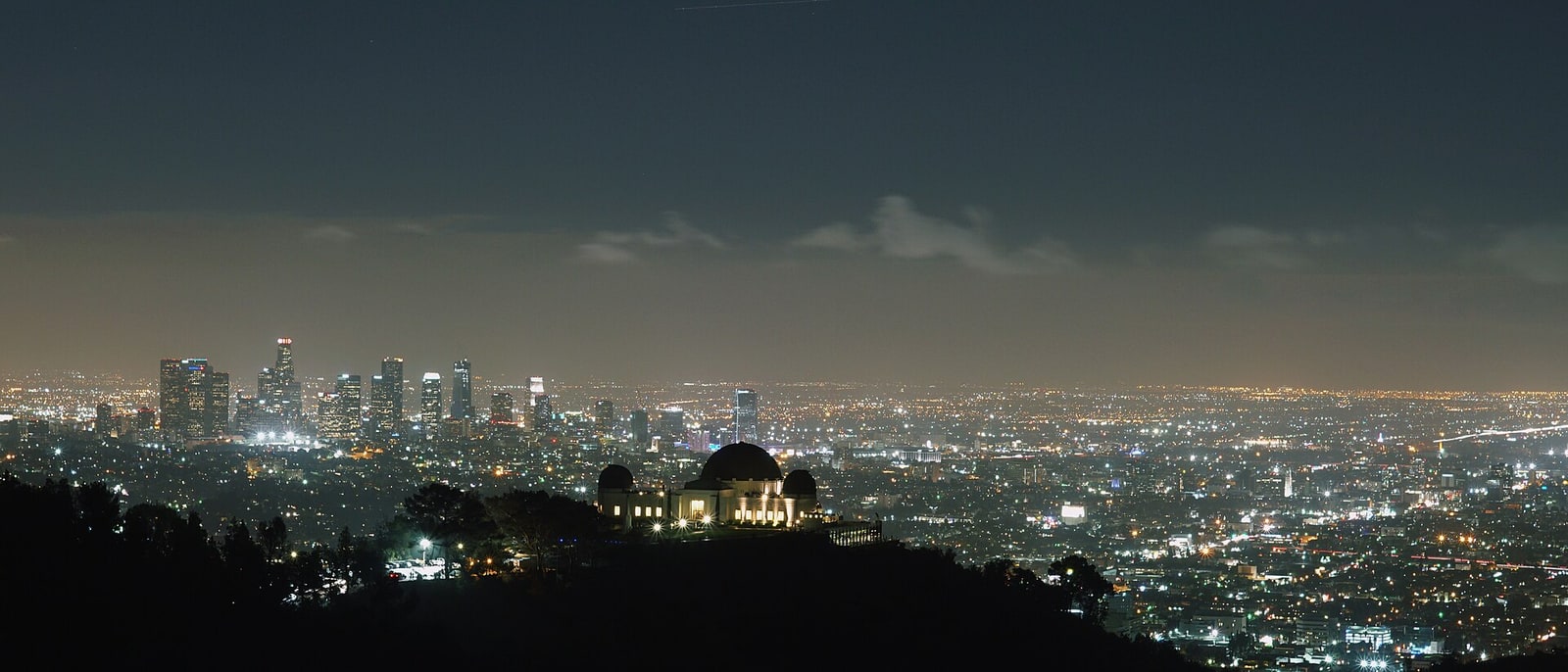 Griffith Observatory at night, Los Angeles spread out below