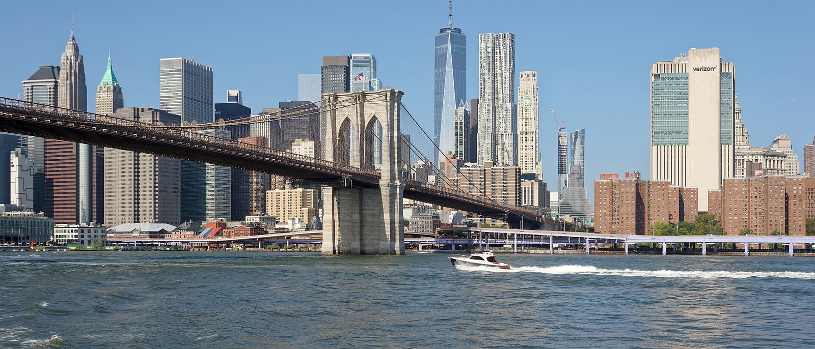 Brooklyn Bridge from the East River, Lower Manhattan behind