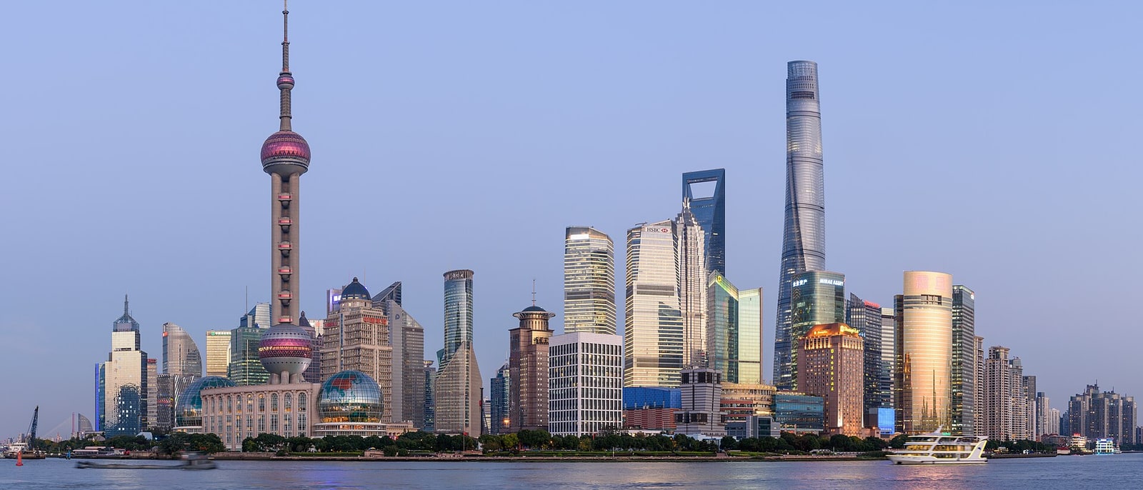 The Pudong skyline, the twisting Shanghai Tower on the right