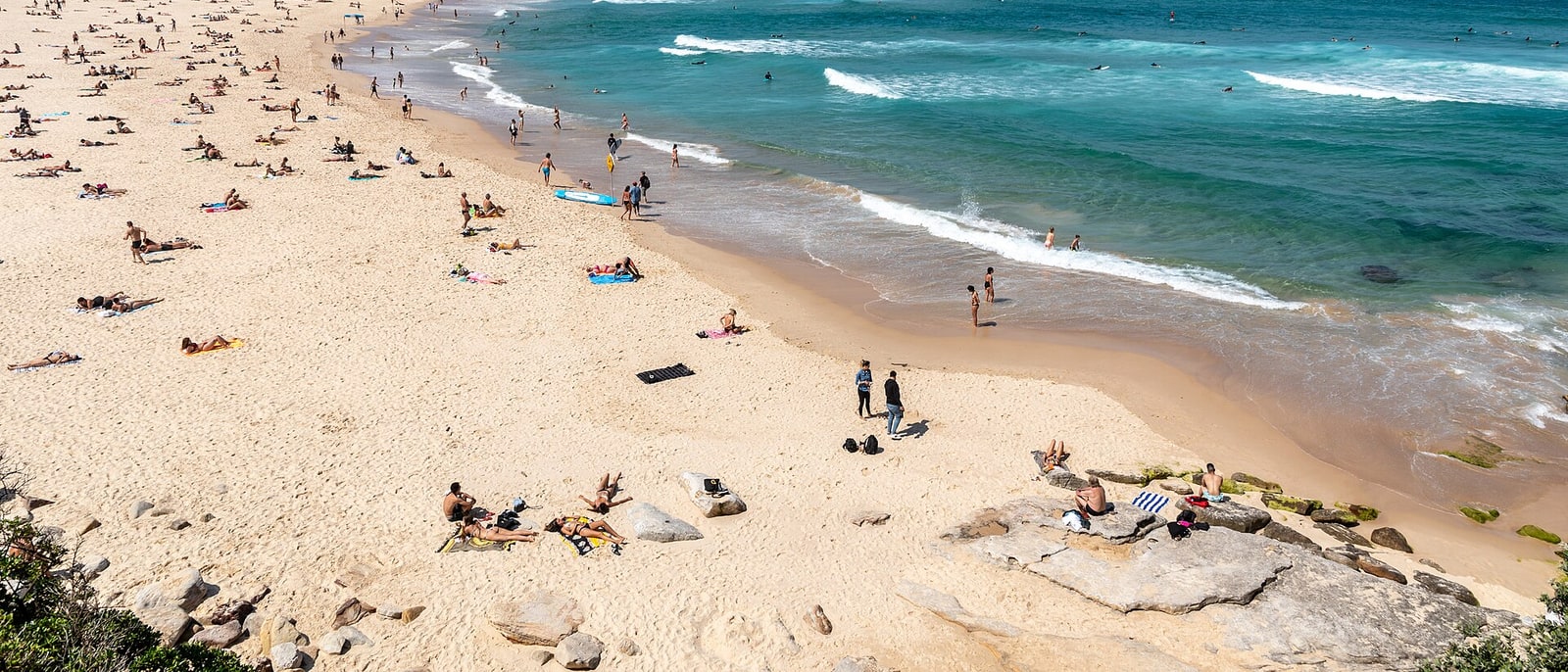 Bondi Beach from above, people on the sand