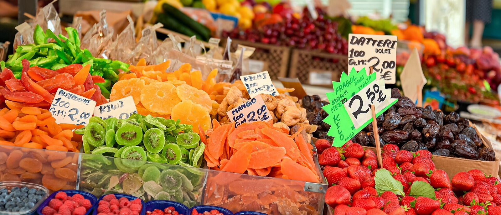 A fruit and veg stall at the Rialto market, prices written by hand